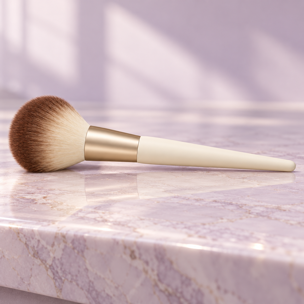 Cloud Dome Powder Brush — side view on lavender vanity