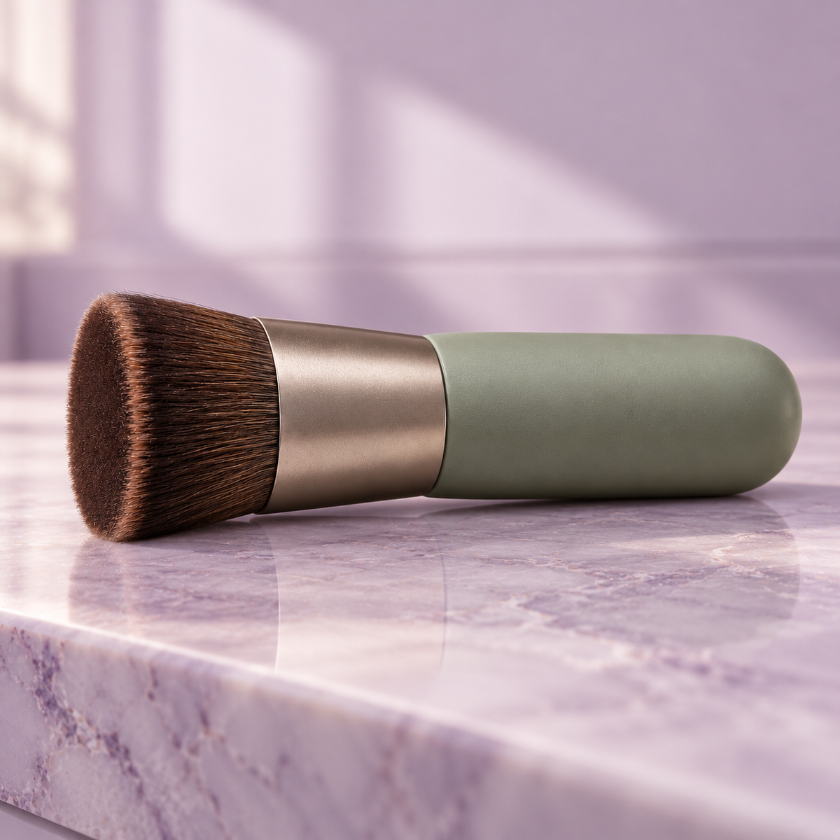 Flat Top Buffing Brush — side view on lavender vanity