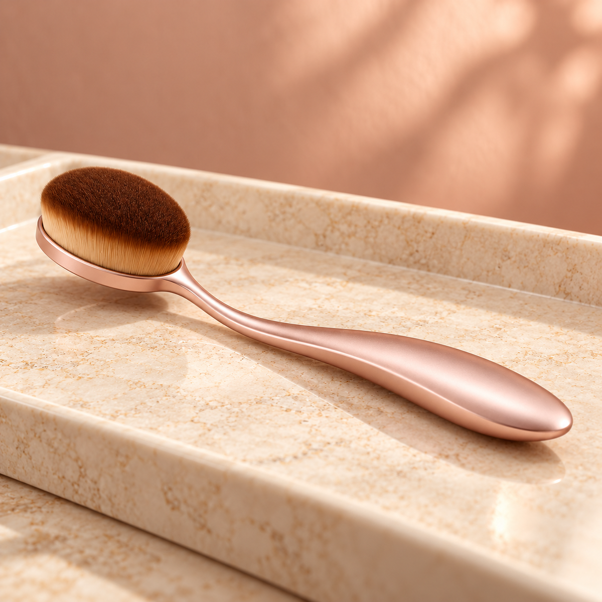 Oval Foundation Brush — side view on vanity tray