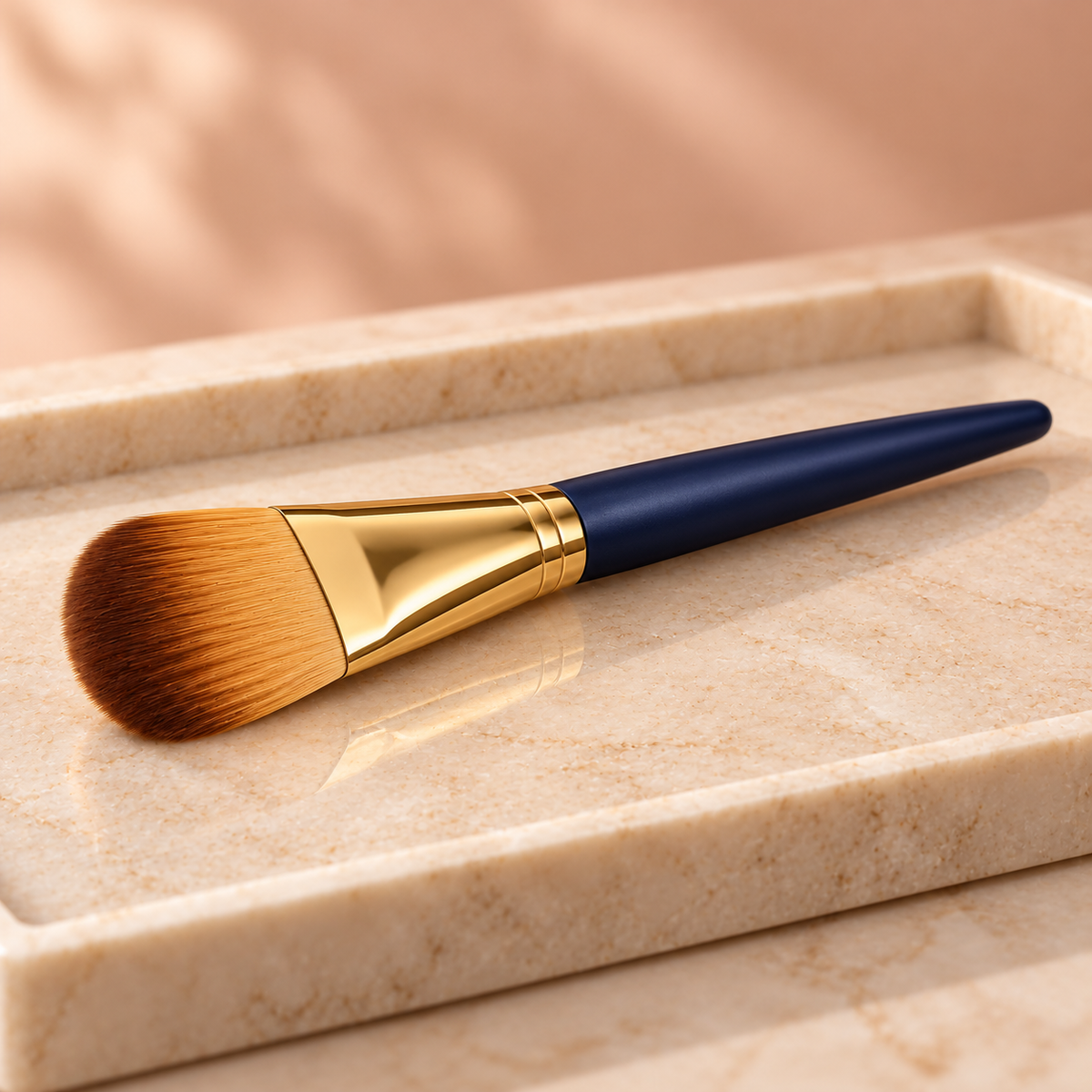 Flat Paddle Foundation Brush — side view on vanity tray