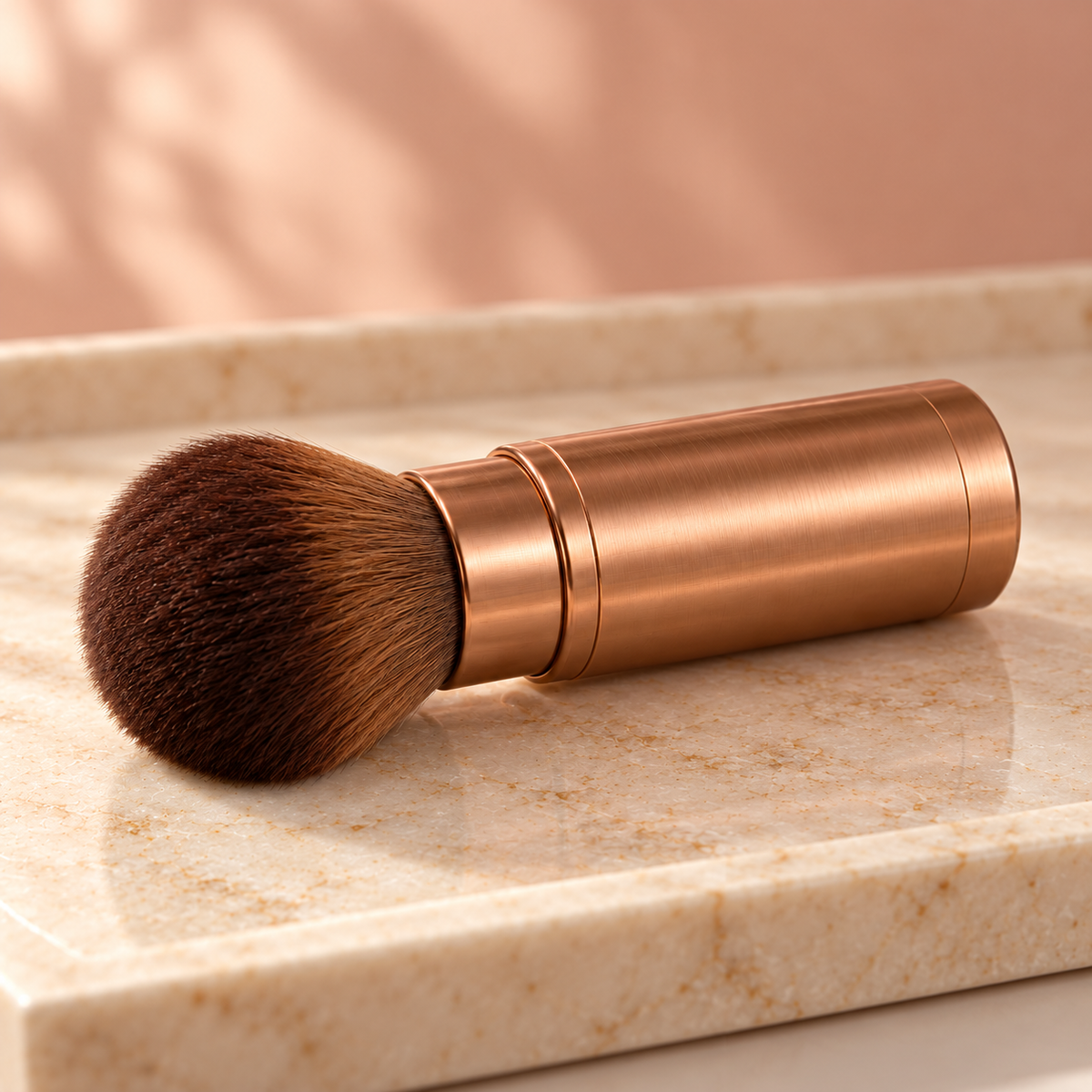 Retractable Travel Brush — side view on vanity tray